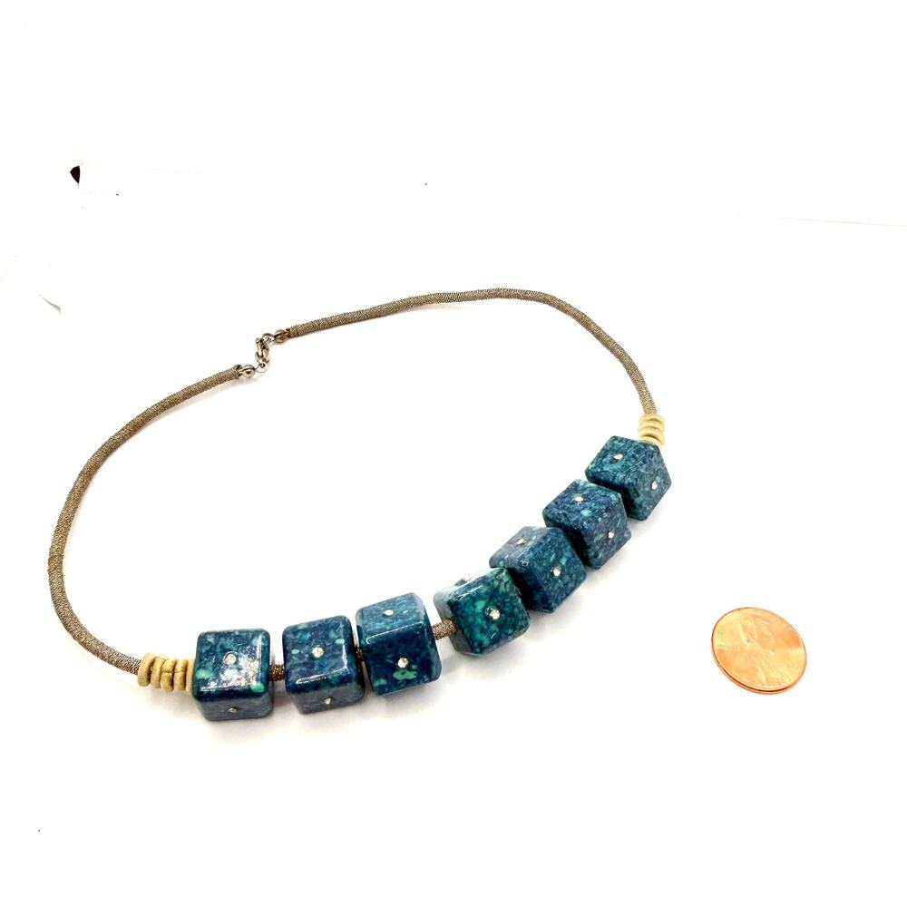 Vintage 90s Turquoise Colored Speckled Cube Beaded Statement Necklace Choker